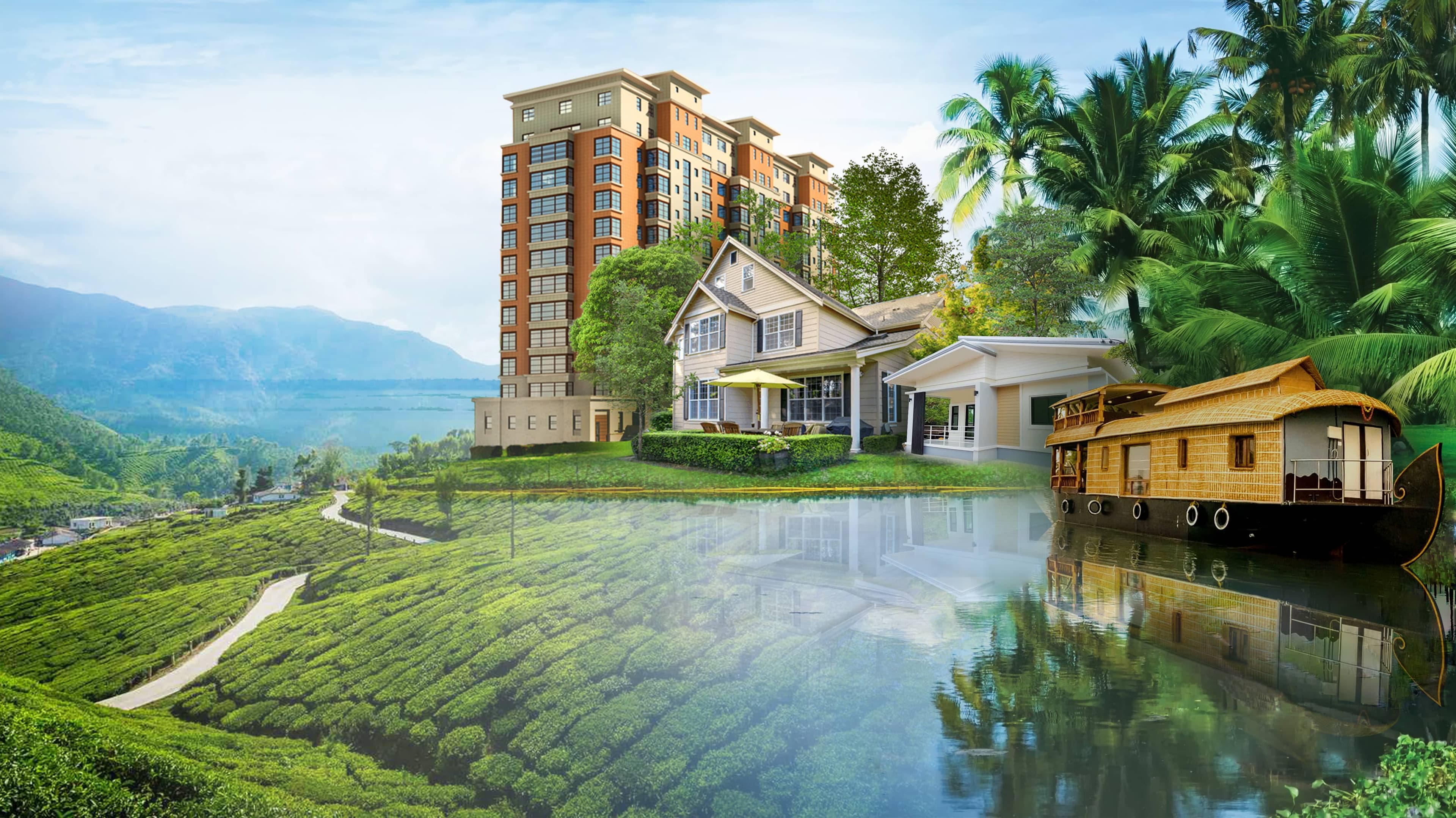 Diverse residential options including apartments, houses, and a houseboat amidst lush green tea plantations.